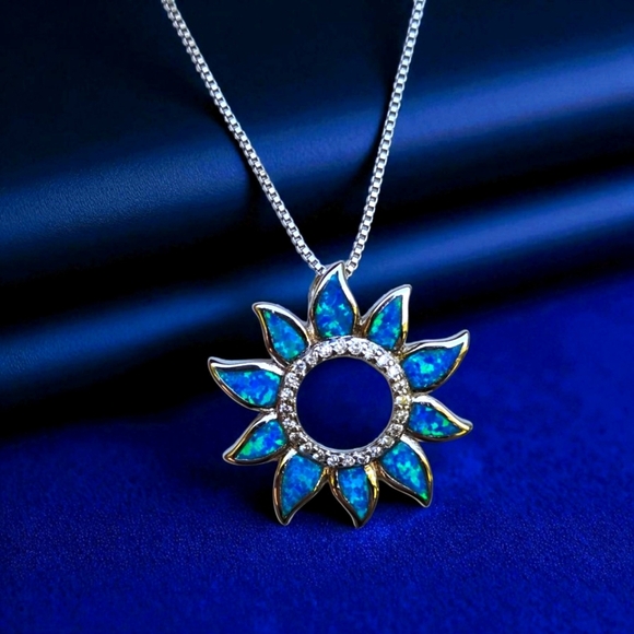 Sterling Silver 925 Necklace Silver 925 Blue Sunflower Opal  Pendant Necklace - Picture 1 of 17